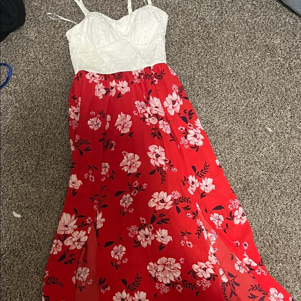 Candie's White Lace double slit Red Floral Maxi Dress